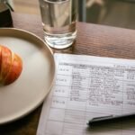 A table setup with apple slices, a calorie counting sheet, and a glass of water for a dieting scene.